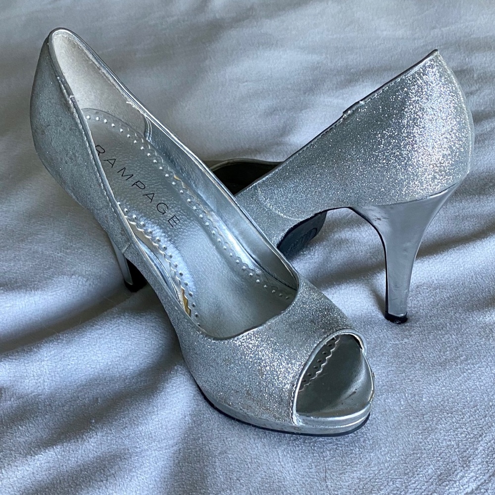 Silver Glitter Open Toe Heels